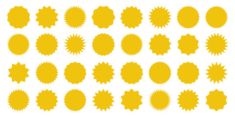 Yellow shopping labels collection. Sale or discount sticker. Special offer price tag. Supermarket promotional badge. Vector sunburst icon. - obrazy, fototapety, plakaty