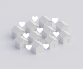 Many white houses with hearts over roofs, beloved family home concept, native city, 3d illustration