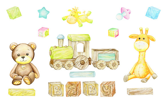 Wooden toy train on white background. Watercolor clip art in cartoon style, for children's invitations and postcards.