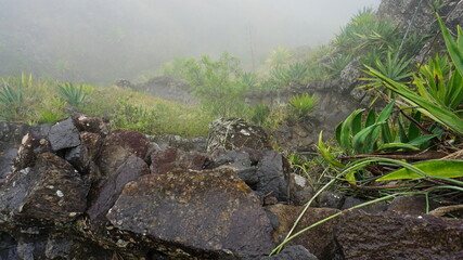 steps on the hiking trail between Cha de Mato de Corda and Xoxo, on the island Santo Antao, Cabo Verde, in the month of December