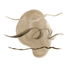 Watercolor abstract hand drawn illustration with sepia textured shape and flakes. A brown square picture with a white background.