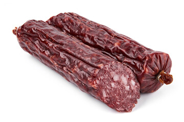 Salami smoked sausage piece isolated on white background. Salami, salami smoked sausage. Smoked meat. Meat products. Ingredients for the sandwich.