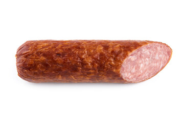 Salami smoked sausage piece isolated on white background. Salami, salami smoked sausage. Smoked...