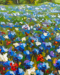Fototapeta na wymiar Oil painting close-up flower. Big blue white and red flowers wildflowers chamomile closeup macro on canvas. Modern Impressionism. Impasto artwork.