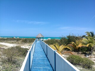 Blue water beach scene with wooden trail in Cuba