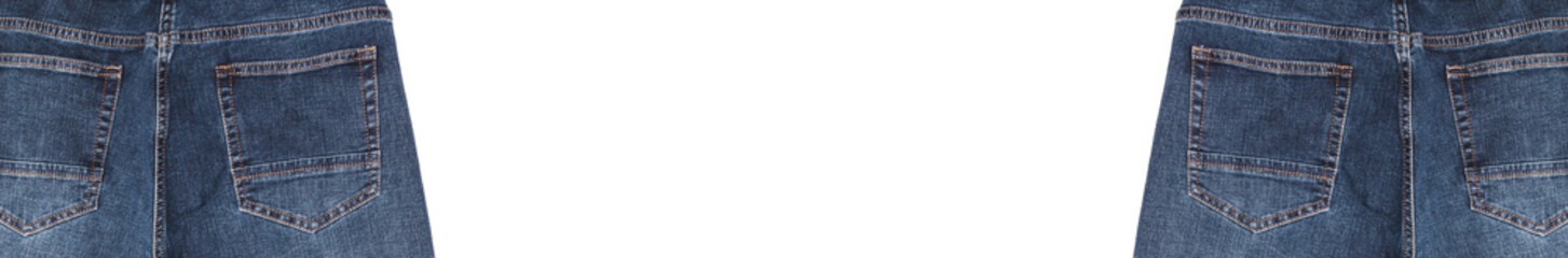 Back pockets and waist areas of dark blue jeans isolated on white background. Close up shot. Copy space in the middle. Banner size. Clothing concept