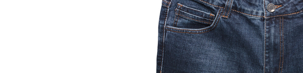 Front pocket, waist area, zipper, and its button of dark blue jeans isolated on white background. Close up shot. Copy space. Banner size. Clothing concept