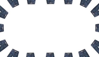 Front pockets, waist areas, zippers, and buttons of 16 pairs of dark blue jeans isolated on white background. Close up shot. Jeans encircle copy space in the middle. Clothing, jeans store concept