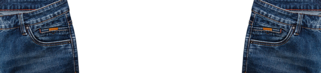 Front pockets and waist areas of two pairs of dark blue jeans isolated on white background. Close up shot. Copy space in the middle. Banner size. Clothing, jeans store concept