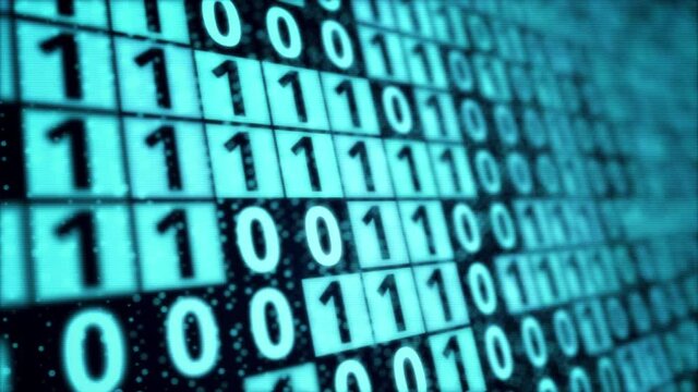 Blue digital binary code matrix on computer monitor display screen, pattern of bit data block processing, modern cyber security coding technology concept background