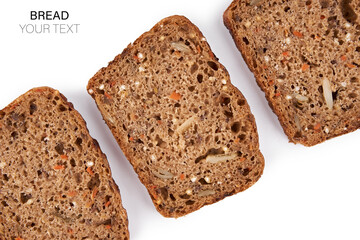Loaf Of Whole Grain Bread. Detailed close-up of sliced grain bread on white background. Homemade healthy bread. Bakery - gold rustic crusty loaves of bread and buns. Flat lay. Food concept.