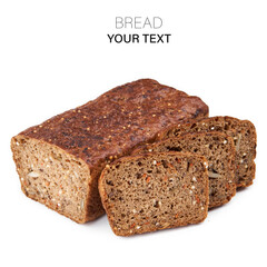 Loaf Of Whole Grain Bread. Detailed close-up of sliced grain bread on white background. Homemade healthy bread. Bakery - gold rustic crusty loaves of bread and buns. Flat lay. Food concept.