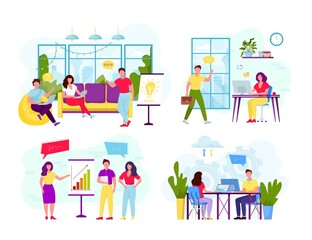 Collection of scenes with group of office workers or people working on computer, having business meeting or brainstorming, standing together. Colorful cartoon characters. Flat vector illustration.