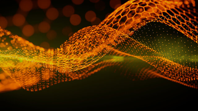 Abstract 3D Technology concept. Big Data and Artificial Intelligence represented as a High Tech Futuristic Particle Network. Abstract background. 3D render