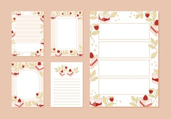 Set of printable vector template for to do list, manifestation planner, affirmation, gratitude, daily planner, journaling, bullet journal with cute strawberry cake and floral illustration