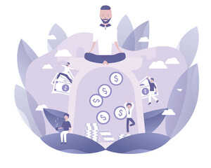 Fototapeta na wymiar A man is meditating to make money. Vector illustration for telework, remote working and freelancing, business, start up, social media and blog 