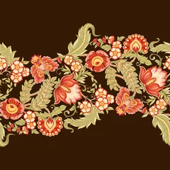 Foto op Plexiglas Seamless pattern with stylized ornamental flowers in retro, vintage style. Jacobin embroidery. Colored vector illustration in red and green colors on brown background © Elen  Lane
