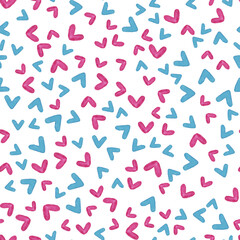 Vector watercolor seamless pattern with blue and pink hearts, cute love texture on white background