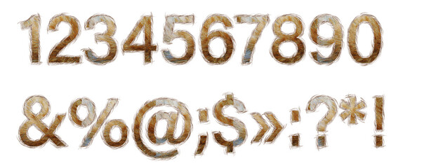 Numbers 1, 2, 3, 4, 5, 6, 7, 8, 9, 0 and symbols !  :  ?  made of red cat hair isolated on a white background. A set of numbers and symbols in a brown wool font.
