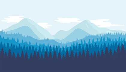 Beautiful view of mountains and forest. Flat design vector