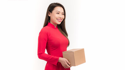 a beautiful woman smiling and holding gift box , isolated on white background
