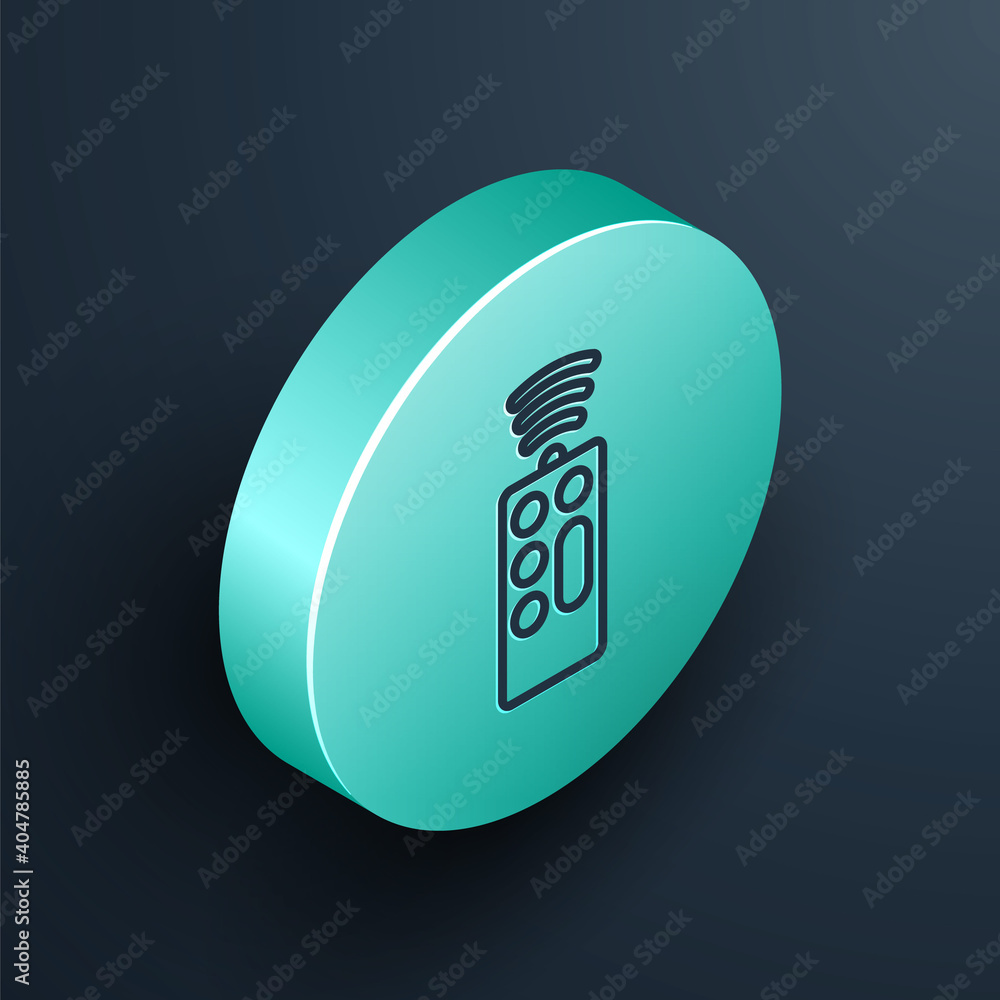 Poster isometric line remote control icon isolated on black background. turquoise circle button. vector.
