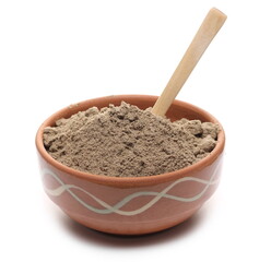 Linseed protein powder pile in clay bowl with wooden spoon, organic supplement isolated on white background
