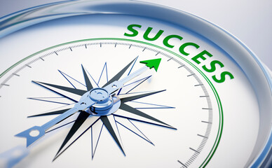 Silver and green compass with needle pointing to the word success - 3D illustration	
