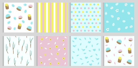 Set of cute seamless background patterns in spring flowers, Easter, gift wrapping paper. easter eggs, cupcakes, birds, willow