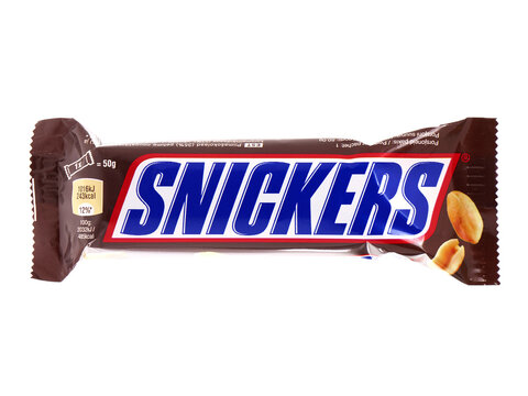 BUCHAREST, ROMANIA - JANUARY 16, 2015. Snickers chocolate bar isolated on white 