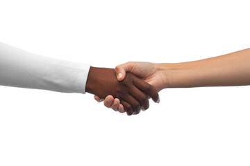 communication, cooperation and people concept - handshake of black and white hands