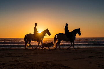 Paseos en caballo al atardecer en la playa de Los Lances, Tarifa, Cádiz, Andalucía, España - obrazy, fototapety, plakaty