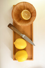 yellow lemon on wooden plate and bowl beautiful healthy background