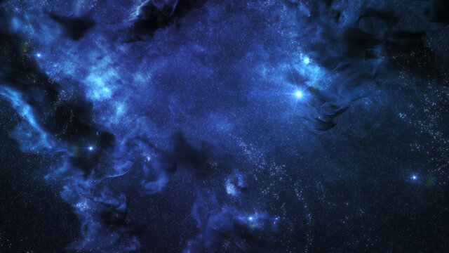 Blue Cosmos Background with Nebula Clouds and Stars. Galaxy Astronomy image showing a dramatic view of Outer Space. 3D render