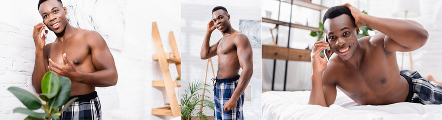 Collage of Shirtless african american man smiling while talking on smartphone in bedroom, banner