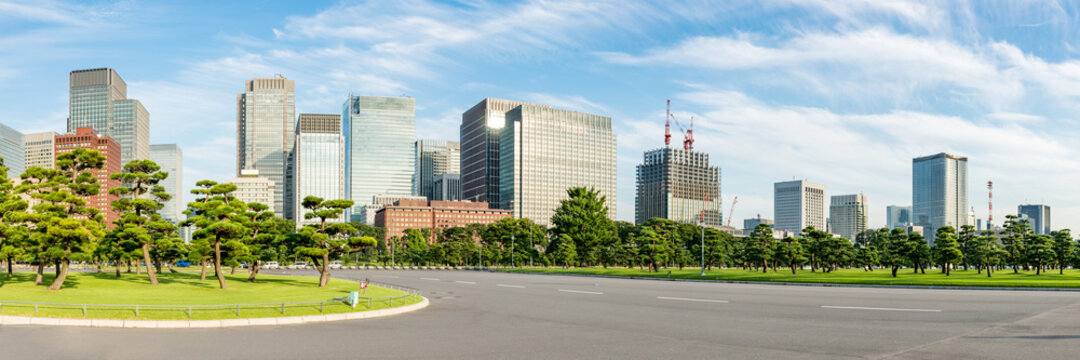 Panoramic view of skyscraper buildings in the Marunouchi district, Chiyoda Ward, Tokyo, Japan