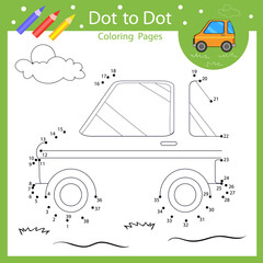 Dot to dot drawing worksheets. Drawing cartoon car. Coloring page for kids. Children funny picture riddle. Activity art game for book. Vector illustration.