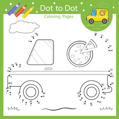 Dot to dot drawing worksheets. Drawing tutorial with cartoon a car pizza delivery. Coloring page for kids. Children funny picture riddle. Activity art game for book. Vector illustration.