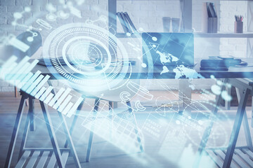 Double exposure of business theme drawing and office interior background. Concept of success