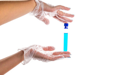Syringe injection. Doctor hand in medical glove hold test tube or bottle for protection flu virus and coronavirus. Covid vaccine isolated on white. Botox injection syringe therapy