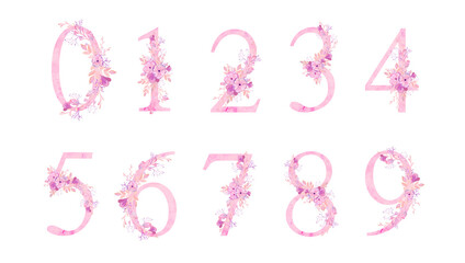Wedding, gentle set of numbers in watercolor in pink and lilac colors. Clipart for decor. Valentine's day.