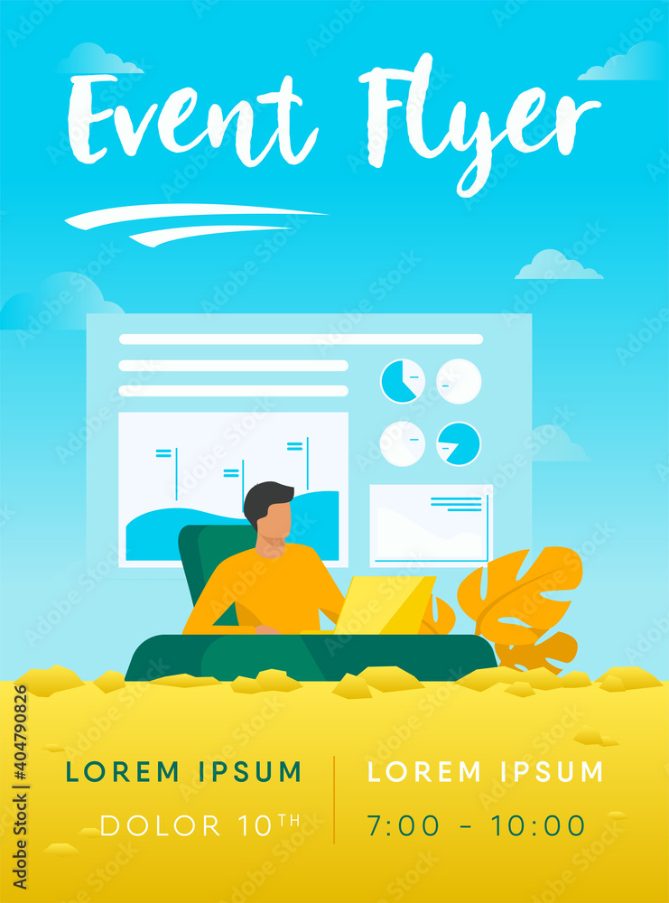 Poster trader sitting and working at laptop. bar charts, pie diagrams in background flat vector illustratio