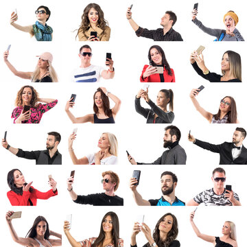 Collection of many different people taking selfies photos with smart phone isolated on white background. 