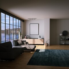 Modern Living Room with Wooden Floors, Cozy Sofa, Minimal Decorations, Empty Frame Mockup and Lake View on Window