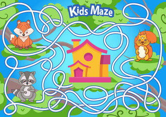 Children maze with cute forest animals. Kids labyrinth game and activity page. Find the right path to a house. Funny riddle. Education developing worksheet. Vector illustration.