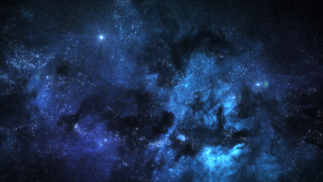 Blue Outer Space Background with Nebula Clouds and Stars. Galaxy Astronomy image showing a dramatic view of the Universe. 3D render