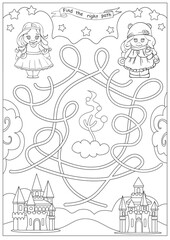 Children maze and coloring. Kids labyrinth game and activity page. Find the right path for princesses to castles. Funny riddle. Education developing worksheet. Vector illustration.