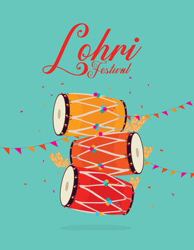 Happy Lohri text with dhole and grain vector template design for Indian festive banner.