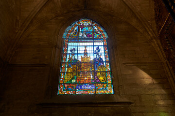 Seville, Andalusia, Spain, Colourful stained glass windows with religious motifs, the Cathedral of Seville, the Cathedral of Santa Maria de la Sede