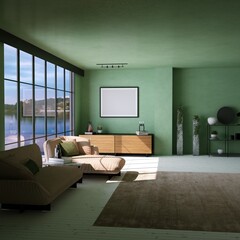 Modern Living Room with White Planks Floors, Cozy Sofa, Minimal Decorations, Empty Frame Mockup and Lake View on Window